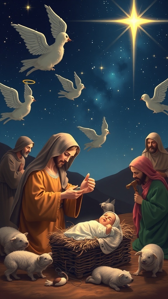Nativity scene with Mary, Joseph, and baby Jesus, surrounded by angels and shepherds under a starry sky.